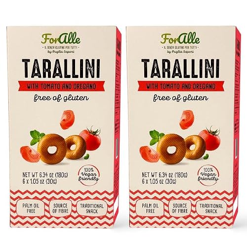 For Alle Gluten Free Tarallini with Tomato and Oregano, 6x1.05 oz (6.34 oz) – Traditional Italian Pugliese Snack. Oven-Baked. Vegan. Cholesterol-Free. (Pack of 2)