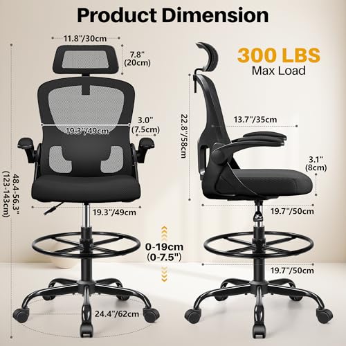 Image of Drafting Chair, Tall Office Chair for Standing Desk, Ergonomic High Back with Headrest, Lumbar Support, Foot Ring and Flip-up Armrests, Black