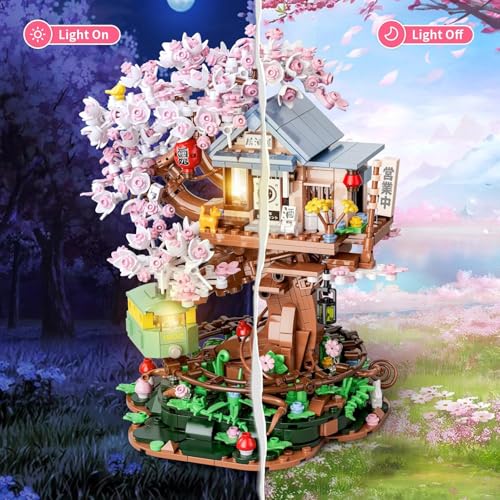 Image of SKY LINE OCEAN Cherry Blossom Treehouse Building Set with LED Light, 1098+ PCS Japanese Izakaya Shop Mini Blocks, Sakura Bonsai Architecture Model Kit for Ages 14+ | 5 Year Structural Warranty