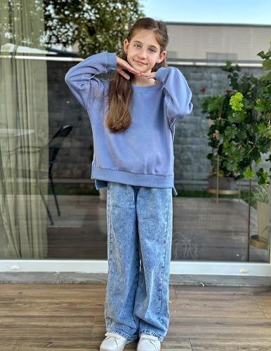 Image of Arshiner Girls Crewneck Sweatshirt Long Sleeve Pullover Tops Drop Shoulder Sweatshirts Side Split