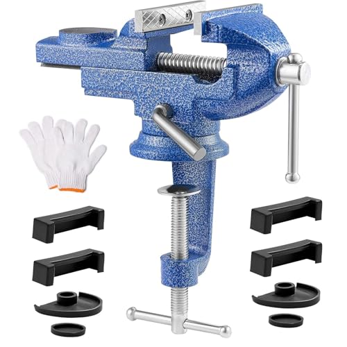 TerraShine バイス 万力 卓上 口幅約70mm 携帯用作業台 クランプ万力 回転盤360°回転 切削 研磨 切断 金工作業での固定や加工 （青色）