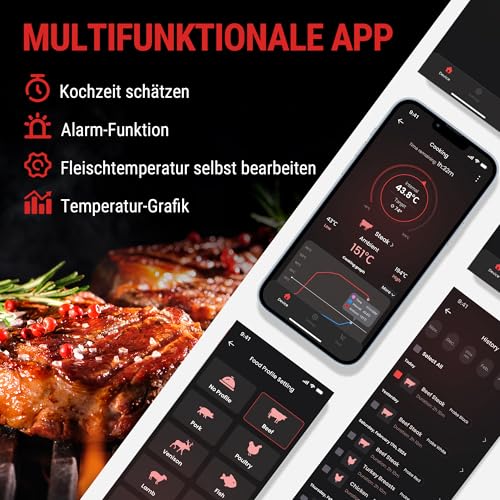 ThermoPro TempPro Fleischthermometer Kabellos 150m Bluetooth Grillthermometer IP67 Meat Thermometer Bratenthermometer für Backofen Grill Smoker Rotisserie Airfryer