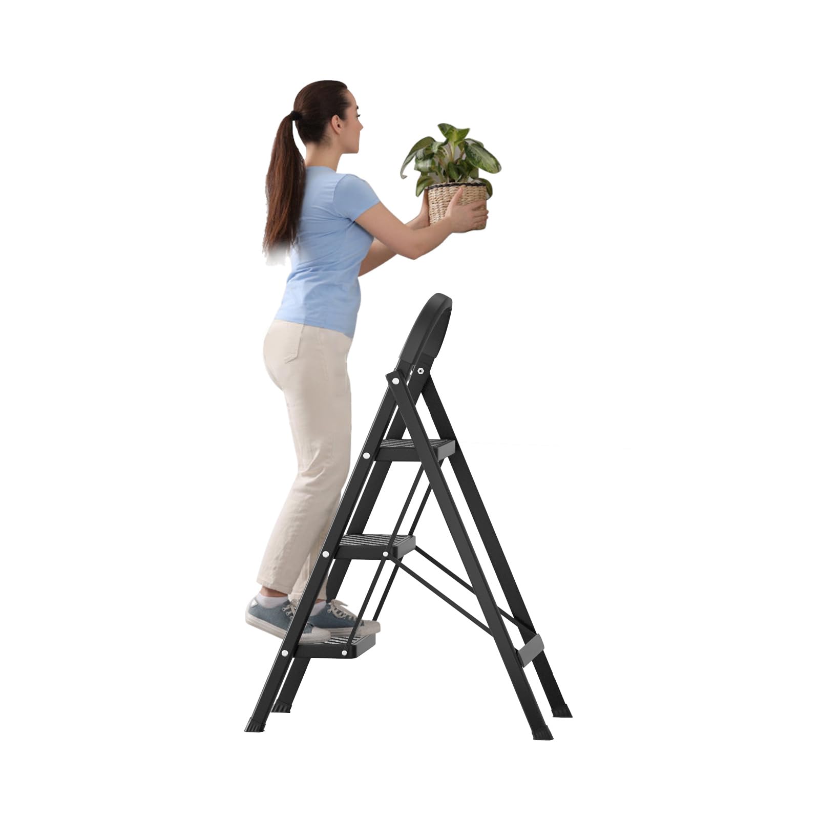 Joukares Black 3 Step Ladder, Folding Step Stool With Anti-Slip Wide Pedals, Multi-Purpose Collapsible Ladder For Home And Rv, Heavy Duty Step Ladder For Indoor And Outdoor Use, Supports Up To 330 Lbs (Black)