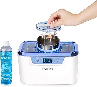 DS310-WS+CSGJ01 Miniaturized Commercial Ultrasonic Cleaner with Integrated Stainless Steel Beaker Holder Set, White and Sapphire Blue, with a Bottle of Cleaning Solution