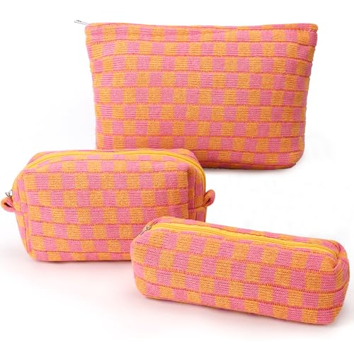EIMMBD Makeup Bag 3 Pieces Large Capacity Checkered Cosmetic Bags Travel Toiletry Bag Organizer Cute Makeup Pouch Storage for Women(Orange & Pink)