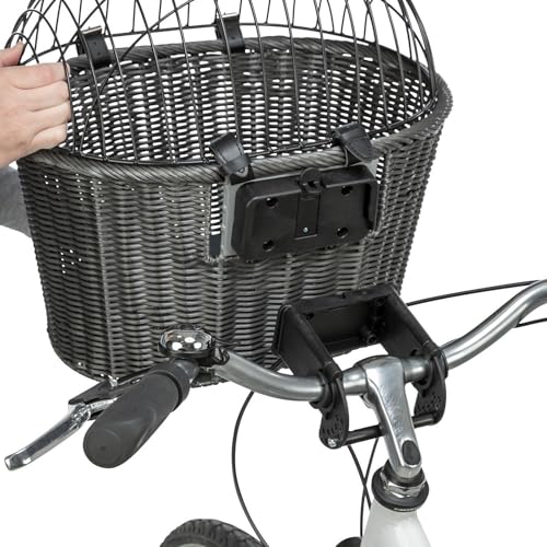 TRIXIE Front-Fahrradkorb – Fahrradkorb für Hunde – mit Lenkerhalterung und Gitter – mit Kissen – grau – 44 × 41 × 34 cm