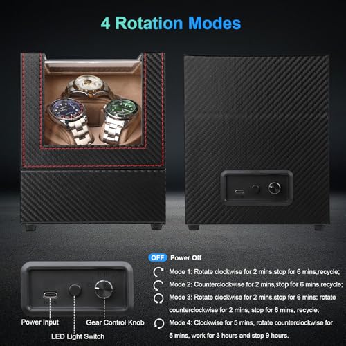 Image of J&T Technology Watch Winder for Automatic Watches,Automatic Watch Winder with LED Light,Rotating Watch Case with Japanese Quiet Motor,4 Rotation Modes,USB Type C