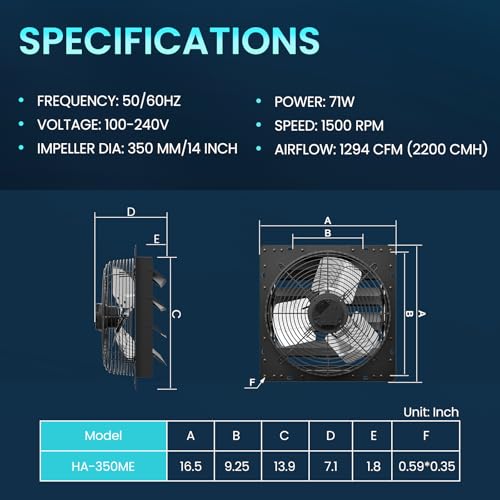 Image of HG Power 14 Inch Attic Fan with Speed Controller, 1294 CFM Shutter Exhaust Fan with EC Motor, Wall Mounted Greenhouse Fan for Shed, Basement, Gable, Chicken Coop Ventilation Use, Black