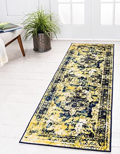 Unique Loom Sofia Collection Area Rug - Salle Garnier (2' x 6' 9" Runner, Navy Blue/ Yellow)