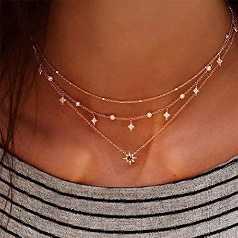 Handcess Boho Layered Necklaces Gold Sun Pendant Necklace Star Tassel Choker Jewelry with Crystal for Women and Girls Cover