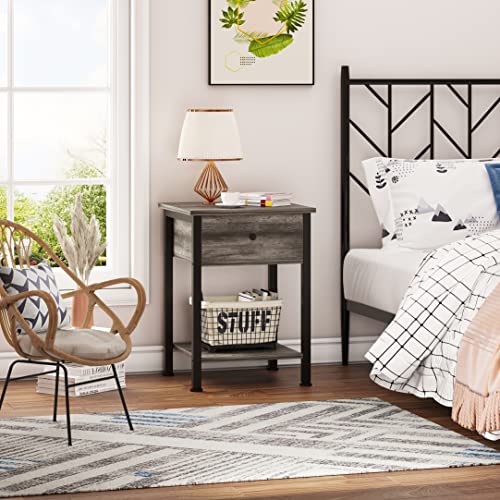 Caiyun Modern Side Table, Nightstand With Storage Drawer, End Table With Open Shelf, Bedside Table For Bedroom, Living Room, Small Space, Top Drawer, Greyoak #TOP1