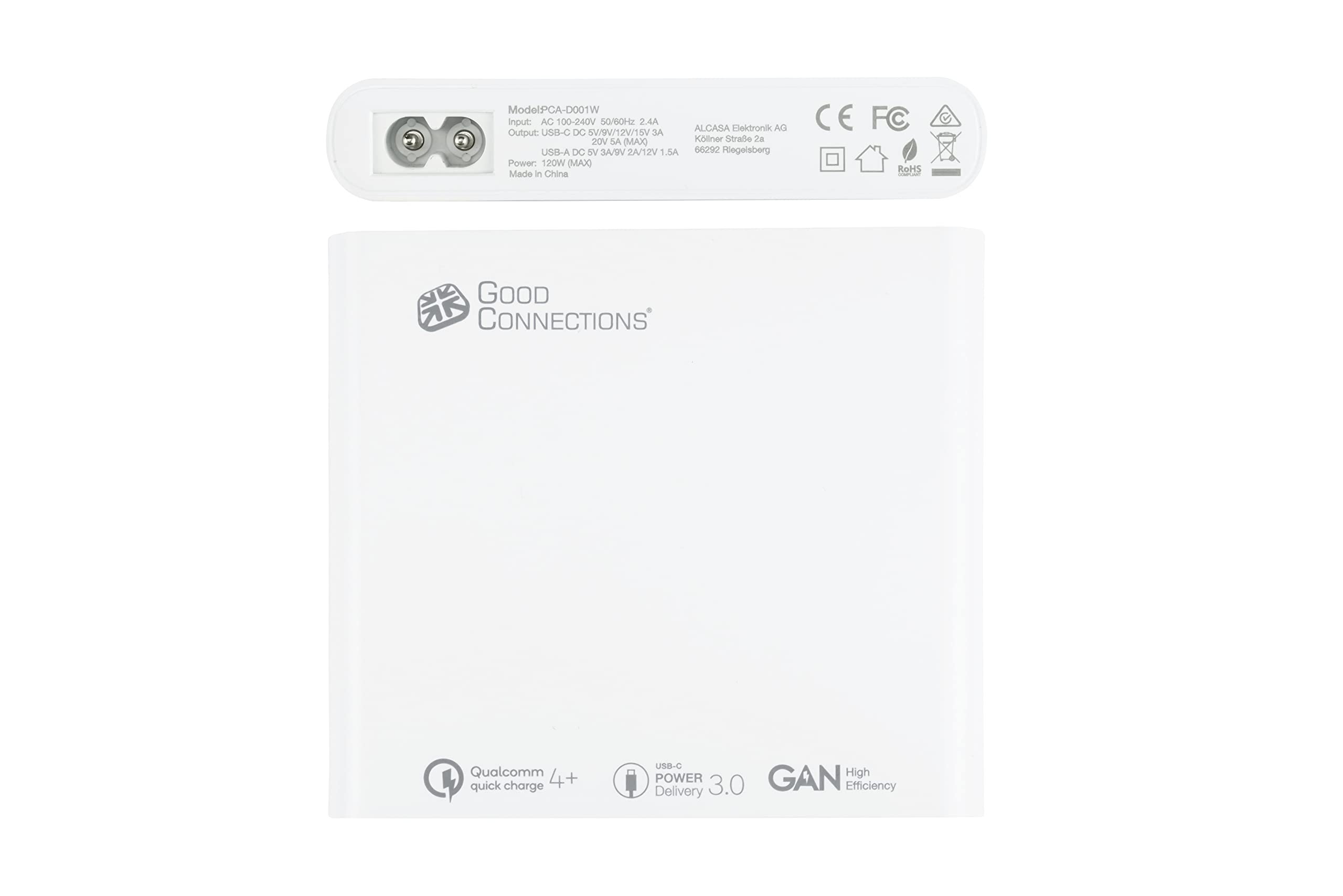 Good Connections Estación de carga rápida USB de escritorio de 120 W – Tecnología GaN – 4 puertos – 2 x USB-C max cada uno de 100 W y 2 puertos USB-A max de 18 W – total 120 W – PD 3.0, QC 4+ – para