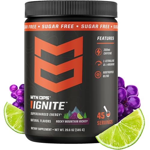 MTN OPS Ignite Sugar Free Energy Drink Powder with 200mg Caffeine Nootropic Blend for Energy Focus & Endurance L Arginine & L Citrulline Pre Workout 45 Servings Rocky Mountain Rickey