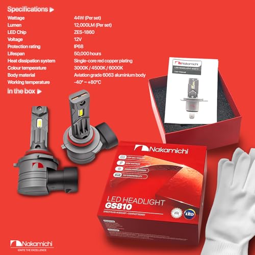 Image of Nakamichi GS810 Series 9005 9006 LED Headlight Foglight Light Bulbs for Replacement, 12,000 Lumens 44W Per Set, Cool White, Plug and Play, 1:1 Beam, Pack of 2, 4300K, 9005 9006 (HB3 HB4)