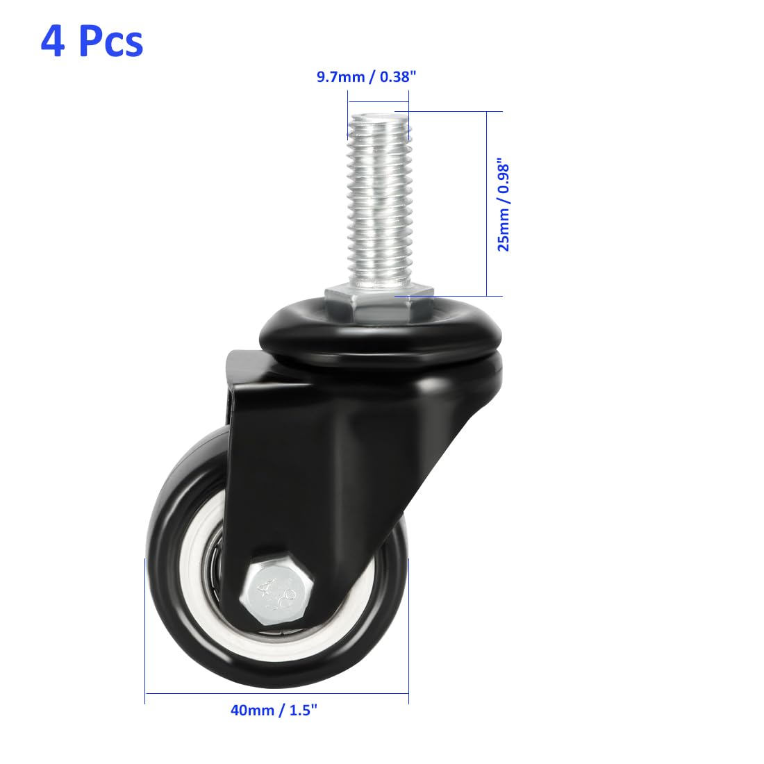 YOKIVE 4 Pcs Threaded Stem Caster, Polyurethane Swivel Wheel Threaded Stem Casters, Great for Carts Shelves Racks Daily Use (Black, 1.5-Inch)