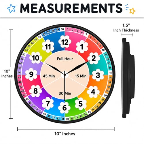 Image of AmeraKart- 10 Inch Kids Educational Wall Clock for Learning Time - Colorful Hour & Minute Teaching Clock for Children, Classroom & Study Room Decor I No Drill-Free Adhesive Hook Included (Blue)