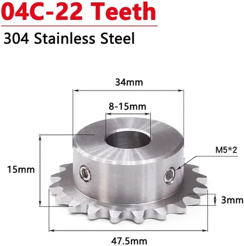 Mechanical Roller Chain Sprockets Tooth Roller Chain Sprocket,1pc 22 Teeth 04C 304 Stainless Steel Industrial Drive Sprocket Wheel Chain Gear 22T Bore 8 10 12 14 15 16 17 18 19 20mm(12mm)
