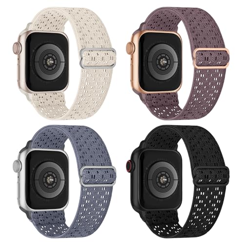 Image of 4 Pack Stretchy Solo Loop Compatible with Apple Watch Bands 38mm 40mm 41mm 42mm 44mm 45mm 46mm 49mm Women Men, Sport Nylon Elastic Straps Wristbands for iWatch Series 11 10 9 8 7 6 5 4 11 Ultra /SE 3 2