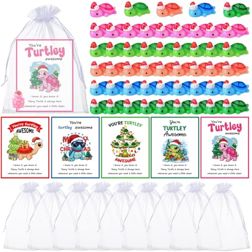 TaoBary 100 Set Inspirational Gift Include 100 You're Turtley Awesome Animal Pun Thank You Note Greeting Card 100 Mini Sea Turtle Figure 100 Organza Bag for Coworker Appreciation Favor (Christmas)