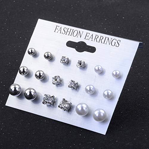 Image of CZ Stud Pearl Earrings for Women Girls Hypoallergenic Earring Set Ear Studs Jewelry for Birthday Christmas Party Gifts Silver 9 Pairs