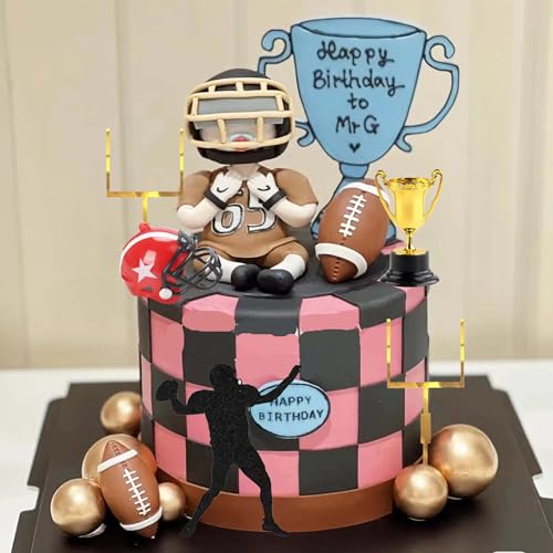 Football Cake Toppers, Qoadwem 20PCS American Football Players Goal Post Cake Toppers Rugby Ball Happy Birthday American Eagle Football Sports Theme Party Cake Decorations Supplies