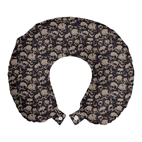 Ambesonne Skull Travel Pillow Neck Rest, Grunge Scary Skulls Sketchy Graveyard Death Evil Face Horror Theme Design, Memory Foam Traveling Accessory for Airplane and Car, 12