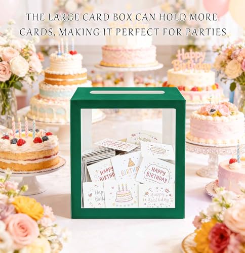 Image of SietDESEO Green Card Box for Party with Clear Window Large Gift Card Box Holder for Wedding Reception Birthday Graduation Baby Shower Raffle Ticket Box