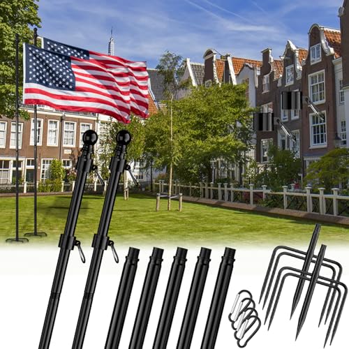 2 Pack 8FT Heavy Duty Flag Poles in Ground with 5 Pronges Base,Stainless Steel Tangle Free Flag Pole for Yard Windproof Ground Flag Poles for Outside House Residential or Commercial, Black
