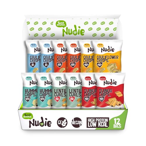 Nudie Healthy Crisps Snack Hamper - Vegan Crisps - Healthy Snacks for Adults and Kids | Vegan Protein Snacks, Gluten Free, High Fibre Snacks | Low Calorie, 100% Natural | 12 x 20g Sharing Bags