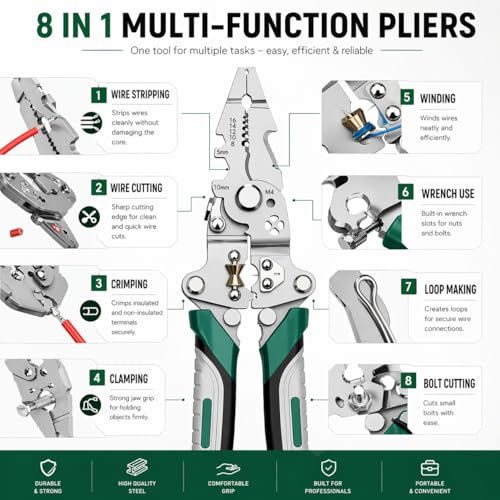 Image of 18-in-1 Wire Stripper Tool for Electricians | Heavy Duty Stainless Steel Wire Cutter, Crimping & Multi Function Pliers with Rubber Grip | Foldable Electrical Hand Tool