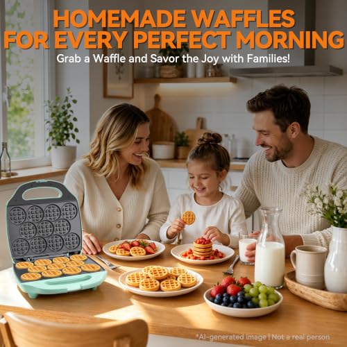 Image of Baker's Friend, Bite-size Mini Waffle Maker for Kids & Adults, Small Waffle Maker Mini Belgian Waffle Machine, 11 X 2.2 inch Tiny Nonstick Waffles Iron, Recipe Included, Aqua