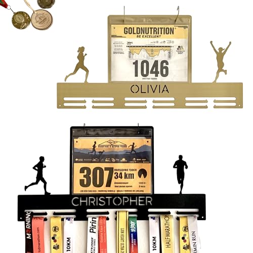 Porta Medallas Personalizado Con Nombre Y Dorsales - Soporte De Metal Para Running - Atletas Hombre O Mujer, 2 Figuras Corriendo
