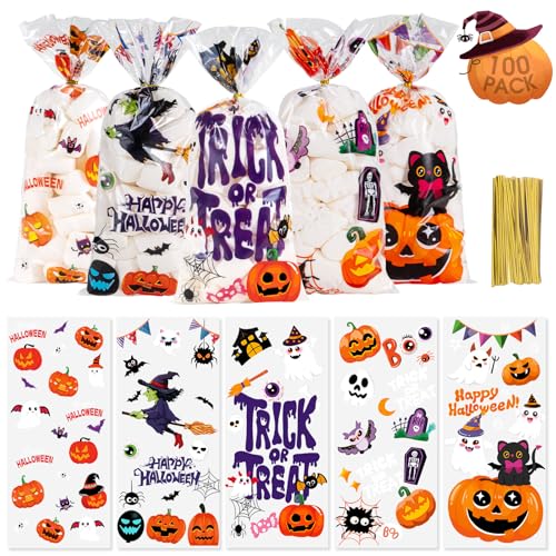 100 Pcs Happy Halloween Cellophane Treat Bags, Trick or Treat Candy Bag, Plastic Pumpkin Ghost Cookie Snack Goodie Goody Bags with Twist Ties for Halloween Gifts Wrap Party Decorations Supplies Favors - image 1
