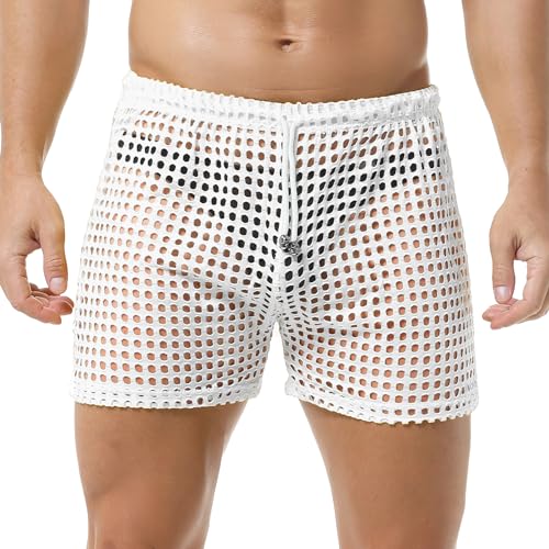 Mens Hollow Boxers Briefs Shorts Trunks See Through Underwear with Drawstring Breathable Workout Bulge Pouch