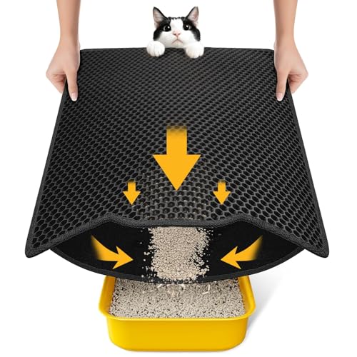 Conlun Alfombra Arenero Gato 58x40cm, Doble Capa, Impermeable, Resistente a la Orina, Lavable, Antideslizante Tapete Areia Gatos, Negro