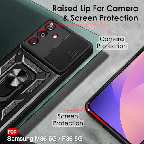Image of TheGiftKart Tough Armor Bumper Back Cover Case for Samsung Galaxy M36 5G / F36 5G | Sliding Camera Cover, Kickstand & Ring Holder | 360 Degree Protection Back Case Cover (PC & TPU, Black)