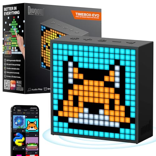 Divoom TimeBox Evo -- Pixel Art Bluetooth Speaker with 16x16 LED Display APP Control - Cool Animation Frame & Gaming Room Setup & Bedside Alarm Clock- Black