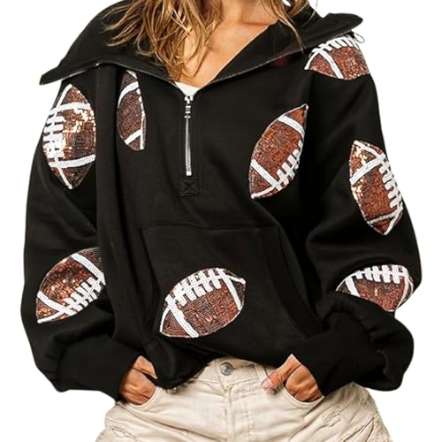 Glam Kickoff Long Sleeve Zip Hoodie, Football Hoodies for Women, Sequin Football Patchwork Rugby Tops