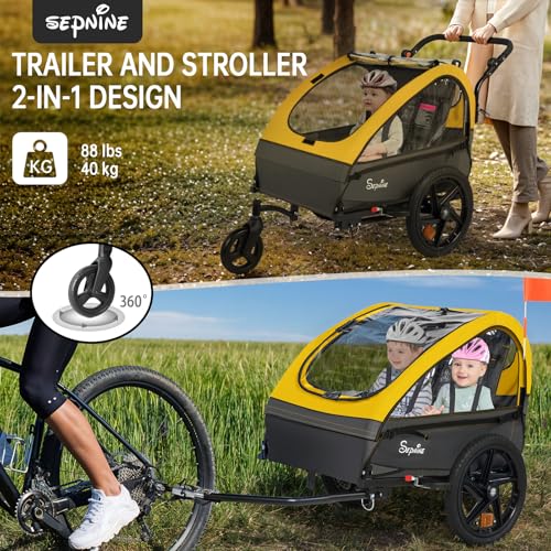 Image of Sepnine Kids Bike Trailer, 2 in1 Canopy Carrier Converts to Stroller Suitable for 1 to 2 Kids, 12+ Months, Quick Attach to Bike, Foldable, with 5-Point Harness and Storage Bags