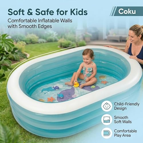 Image of Coku 5.5 Feet Oval Inflatable Swimming Pool for Kids & Adults | 3-Ring Family Pool, Thick PVC Foldable Bathtub, 64 x 42 x 18 Inch for Backyard, Garden, Indoor Outdoor Use