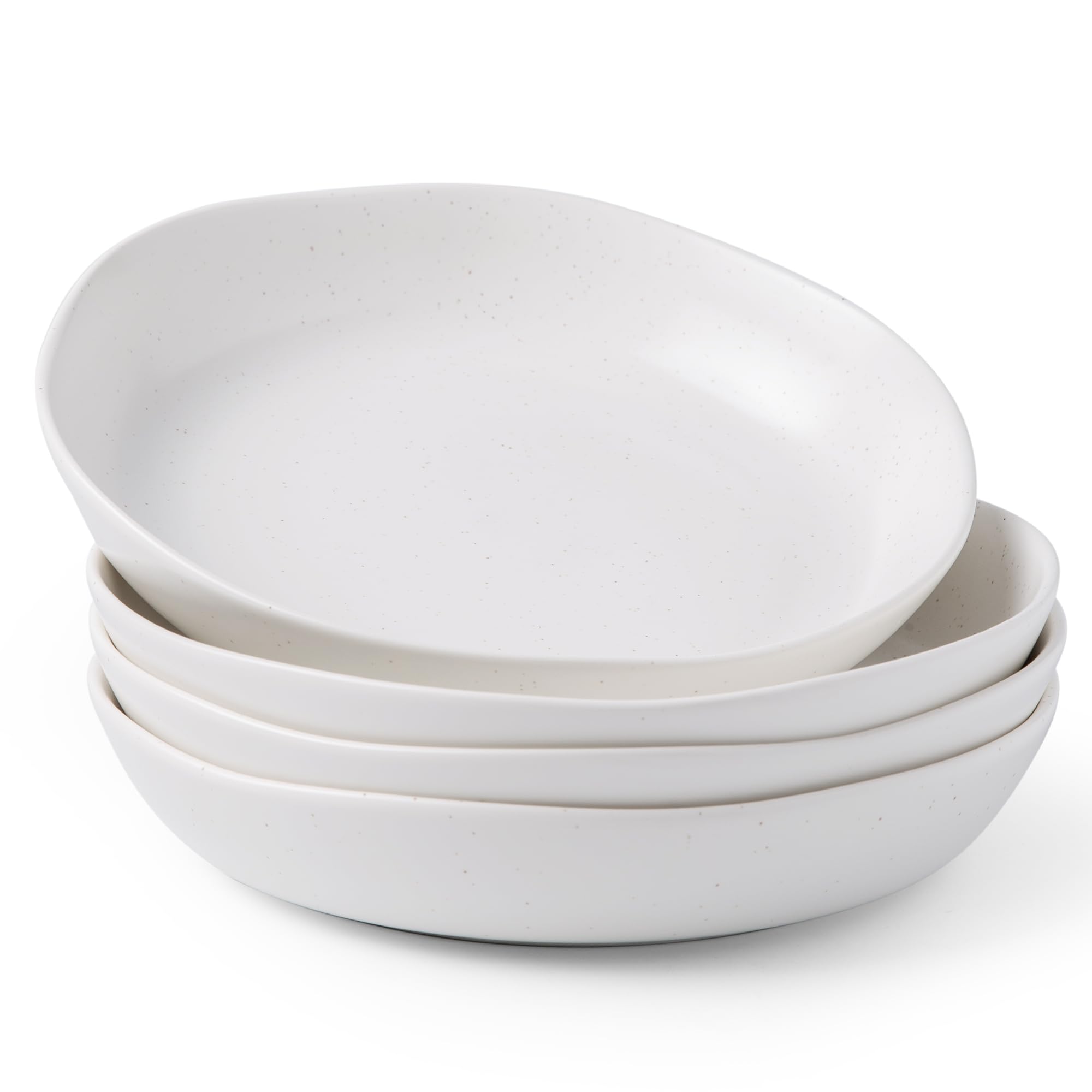 AmorArc 9.75'' Speckled Large Ceramic Pasta Bowls, 38oz Stoneware Bowls Set of 4, Oven, Microwave&Dishwasher Safe Bowls with Wavy Rim for Fruit Pasta Salad Meal, Matte Speckled White