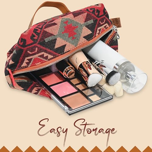 Cosmetic Handbag Makeup Organizer Purse Travel Toiletry Zipper Pouch for Women Red Boho Cotton Case (Red Boho)3