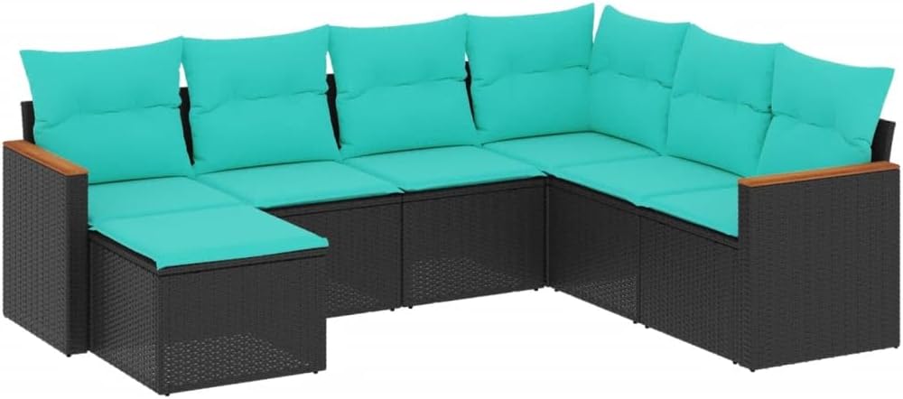 vidaXL Patio Sofa Set - 7 Piece Black Poly Rattan Outdoor Garden Furniture with Cushions, Washable Covers, Storage