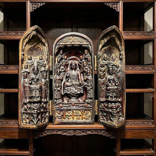 Statue Bouddha ancienne triptyque artisanat figurine décoration maison
