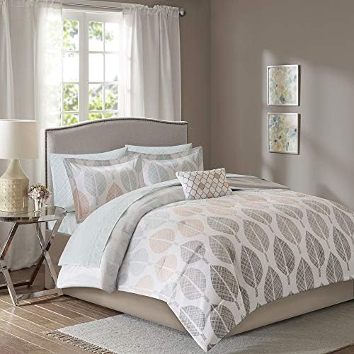 Madison Park Essentials Bed in a Bag Comforter, Vibrant Color Design All Season Down Alternative Cover with Complete Cotton Sheet Set, Queen(90"x90"), Central Park, Leaf Coral/Green