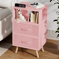 Aenuert Night Stand, Pink Kids Nightstand with 2 Fabric Drawers, Nursery Side Table with Open Storage, 3-Tier Modern End Table, Bedside Table for Small Space, Living Room, Bedroom