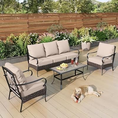PHI VILLA 4 Pieces Outdoor Patio Furniture Set,Rattan Wicker Metal Patio Conversation Sets for Backyard w/Coffee Table, Seat Cushions