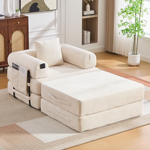 Kuczn Sofá cama modular comprimido con taburete, sofá sin boneless de pana suave, marco de metal resistente, incluye bolsillo lateral y cojín, se puede combinar libremente – para salón y dormitorio