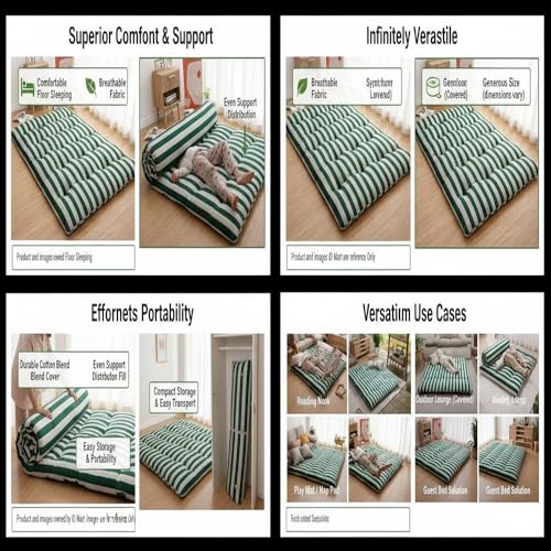 Image of Adim's Handmade Traditional Quilt Gadda Mattress, Green Lining, Single 3x6 ft, Pure Cotton Fabric, Cotton Filled, Firm, Reversible Design, for Floor Sleeping and Bed Use