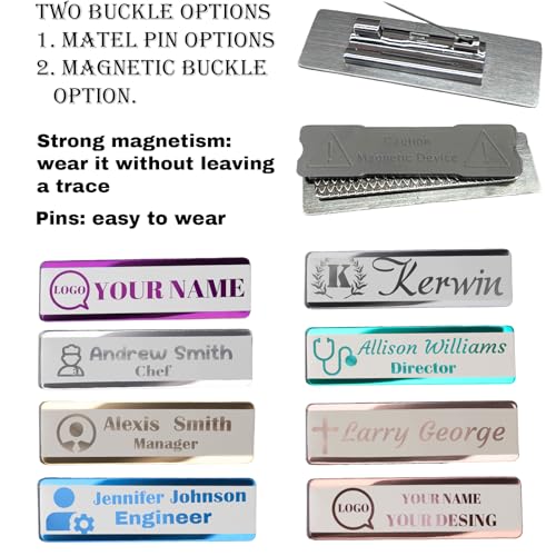 Image of Personalized Magnetic Name Tags with Logo - Custom Laser Engraved Stainless Steel Badges, Professional Metal ID Labels with Pin Option for Nurse, Doctor, Office Staff & Business